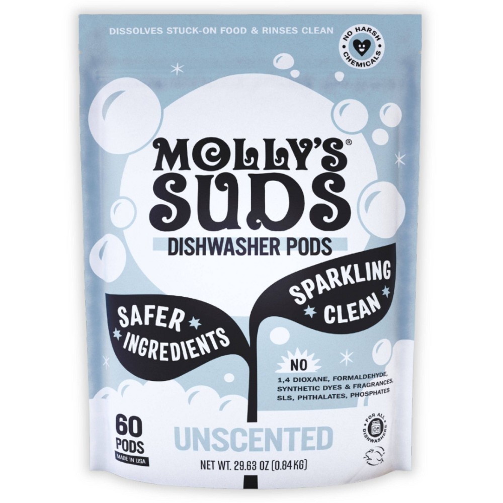 Molly s Suds Dishwasher Pods | Natural Dishwasher Detergent  Cuts Grease & Rinses Clean (Residue-Free) for Sparkling Dishes | 60 Auto-Release Tabs (Unscented)