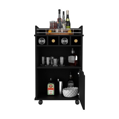 TIRAMISUBEST Black Bar Cart with Storage - 2 Open Shelves, 4 Cubbies and Cabinet for Wine Bottles and Glassware
