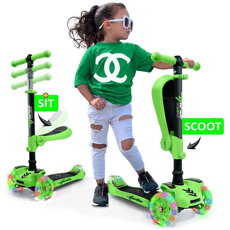 Hurtle ScootKid 3 Wheel Toddler Child Mini Ride On Toy Tricycle Scooter with Adjustable Handlebar, Foldable Seat, and LED Light Up Wheels, Green, 1 of 6
