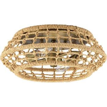 Progress Lighting Laila 2-Light Flush Mount Vintage Brass Steel Fixture: Coastal-inspired, hand-knotted jute design for ambient light in bedrooms and