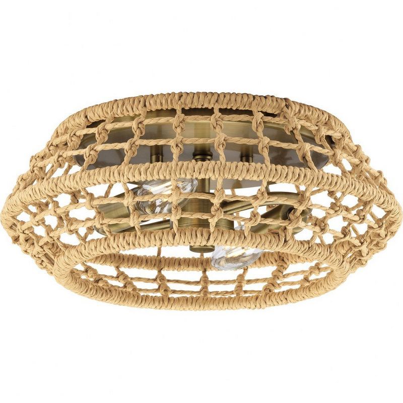 Progress Lighting Laila 2-Light Flush Mount Vintage Brass Steel Fixture: Coastal-inspired, hand-knotted jute design for ambient light in bedrooms and, 1 of 2