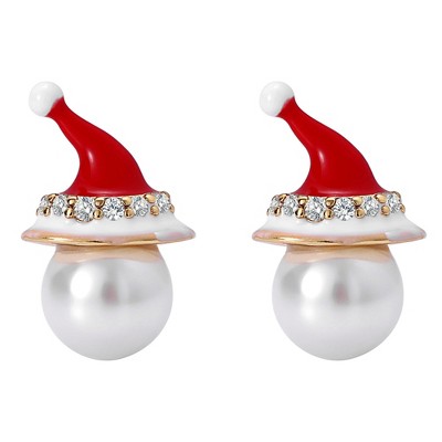 Christmas Santa Hat Earrings Womens White Gold Plated Simulated Pearl CZ Ginger Lyne Collection