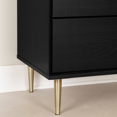 Black Oak and Faux Carrara Marble 2-Drawer Nightstand with Brass Legs