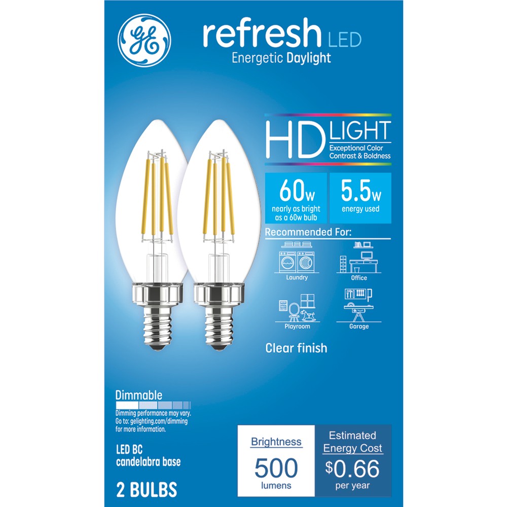 Photos - Light Bulb General Electric GE 2pk 60W Refresh HD LED Decorative  Daylight: Candelabra E12 Base, Dimmable, Energy Star Certified 