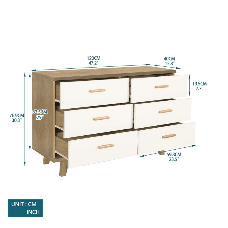 Modern 6 Drawer Dresser with Wooden Leg and Handle, Brown+White - ModernLuxe, 4 of 14