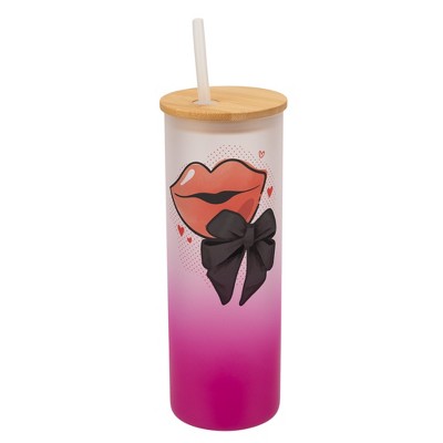 Elanze Designs 25 Ounce Frosted Glass Gradient Travel Tumbler With Straw and Wooden Lid, Lips With Bow Pink