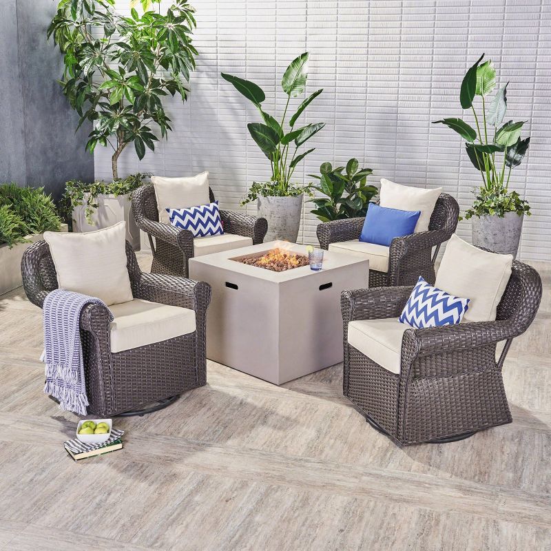 Julian 5pc Swivel Club Chair and Fire Pit Set - Brown/Light Gray - Christopher Knight Home, 1 of 7