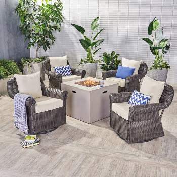 Julian 5pc Swivel Club Chair and Fire Pit Set - Brown/Light Gray - Christopher Knight Home