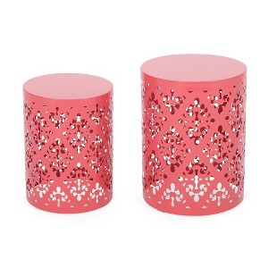 GlasFlength Patio End Tables 2 Pack, Metal Side Table, Round Accent Table with Weather Resistant, Garden Patio Furniture, Pink 13.75"*13.75"*18" - 1 of 3
