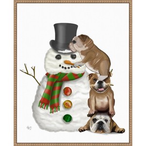 Amanti Art 23"x28" Christmas Bulldogs Building Snowman Fab Funky Framed Canvas Wall Art - 1 of 4