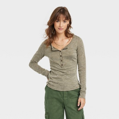 Women&#39;s Long Sleeve Henley Neck Shirt - Universal Thread&#8482; Heather Green L