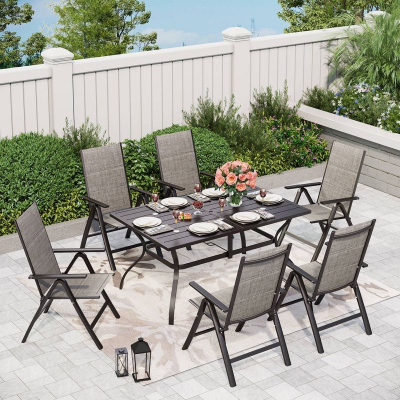 7pc Outdoor Dining Set with 7 Position Adjustable Folding Chairs &#38; Metal Rectangle Table with Umbrella Hole - Captiva Designs, 1 of 17