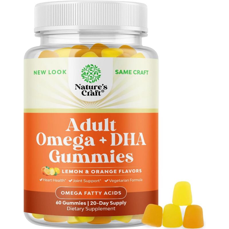 Omega-3 Gummies for Adults, Vegetarian Omega 3 6 9 DHA Gummies for Brain, Bone, Heart & Joint Support, Lemon & Orange Flavors, Nature's Craft, 60ct, 1 of 6