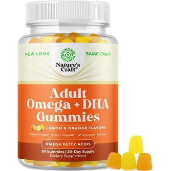 Omega-3 Gummies for Adults, Vegetarian Omega 3 6 9 DHA Gummies for Brain, Bone, Heart & Joint Support, Lemon & Orange Flavors, Nature's Craft, 60ct