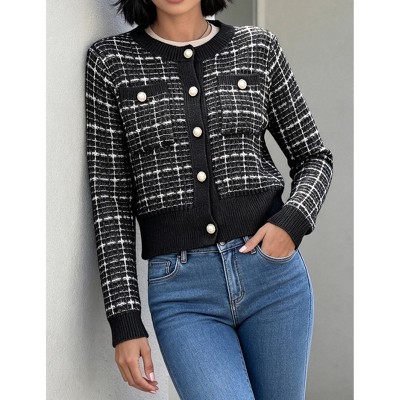 YESFASHION Women's Crew Neck Grid Plaid Jacket Button Cropped Knit