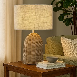 ALOADECOR 20'' Natural Rattan Bedside Table Lamp Coastal Nightstand Lamp with Classic Beige Fabric Shade for Bedroom, Living Room - 1 of 4