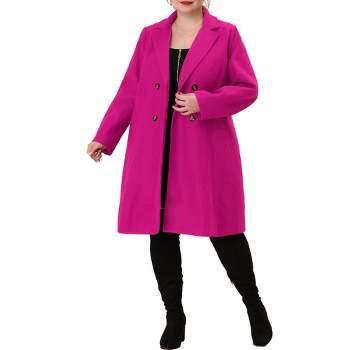 Agnes Orinda Women's Plus Size Notched Lapel Single Breasted Winter Long  Pea Coat Hot Pink 1X
