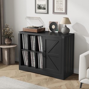 Farmhouse Vinyl Record Cabinet with Barn Doors - Wood Grain Media Console, Open Shelving & Storage Cabinet, Multi-Functional Display Storage - 1 of 4