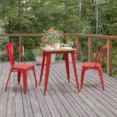 24" Square Brown Poly Resin Top Red Steel Base Dining Table
