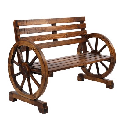 KTMBDW 2-Person Wooden Wagon Wheel Bench for Backyard, Patio, Porch, Garden, Outdoor Lounge Furniture, Slatted Seat and Backrest - Brown