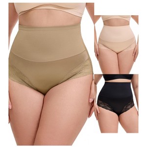 INSPIRE CHIC 3 Packs Women's Lace Trimmed Tummy Control High Waisted Soft Breathable Full Coverage Briefs - 1 of 4