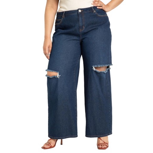 Eloquii Women's Plus Size Distressed Wide Leg Jeans, 24 - Medium True Blue  Was : Target