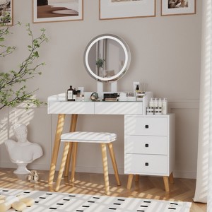KWPZQEB Makeup Vanity Desk with Glass Dressing Tabletop, Extendable Dressing Table with 5 Drawers and Stool for Bedroom Dressing Room, White - 1 of 4