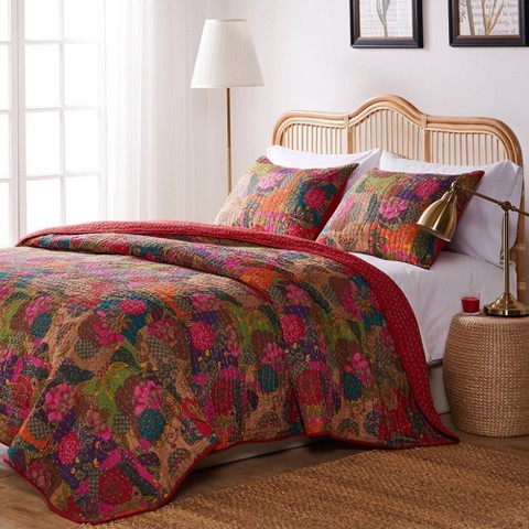 Greenland Home Fashions 3pc Jumbo Queen Jewel Quilt Bedding Set Red/Pink/Green: Cotton Microfiber, Machine Washable