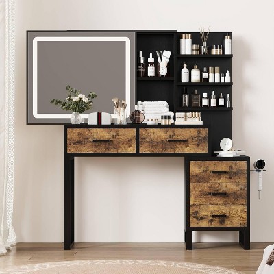 Whizmax Vanity Desk with Mirror, Makeup Vanity Desk Charging Station,LED Light with 3 Lighting Modes, 5 Large Drawers and 3 Tiers Shelves for Bedroom