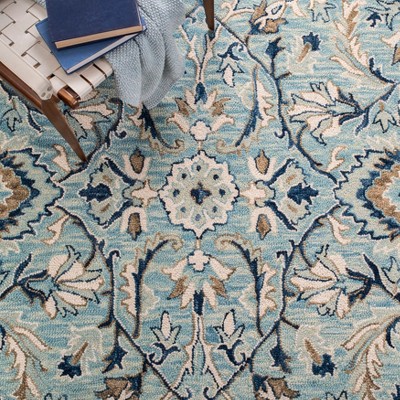 Blossom Blue and Ivory 6' Square Handmade Wool Area Rug