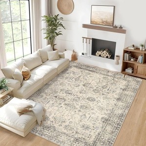 Non-Slip Non-Shedding Washable Rug - Low Pile Traditional Distressed Retro Carpet Soft Floral Print Mat for Dining Room Bathroom Kitchen - 1 of 4