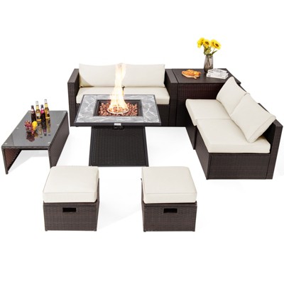 Tangkula 9 Pieces Outdoor Patio Furniture Set with 35" Propane Fire Pit Table Wicker Sectional Sofa Set w/ Storage Box Black/Gray/Navy/Red/Turquoise/Off White
