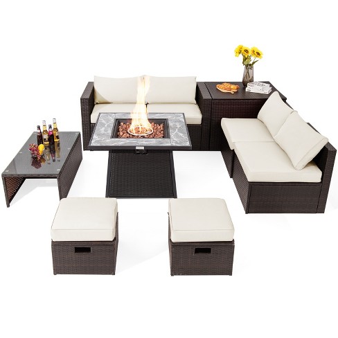 Tangkula 9 Pieces Outdoor Patio Furniture Set with 35" Propane Fire Pit Table Wicker Sectional Sofa Set w/ Storage Box Black/Gray/Navy/Red/Turquoise/Off White - image 1 of 4