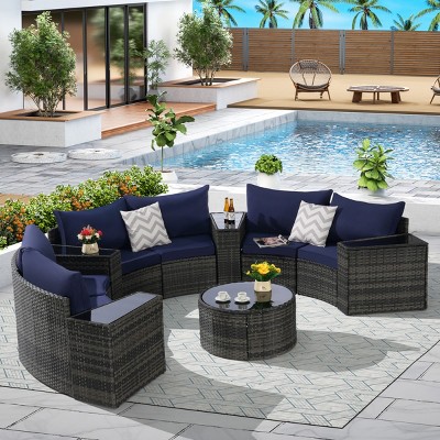 Half-Moon Outdoor Backyard Sectional Sofa Set,11 Piece Balcony Wicker Rattan Sofa,Cushion Garden Furniture Sofa with Coffee Table-Coolbibila