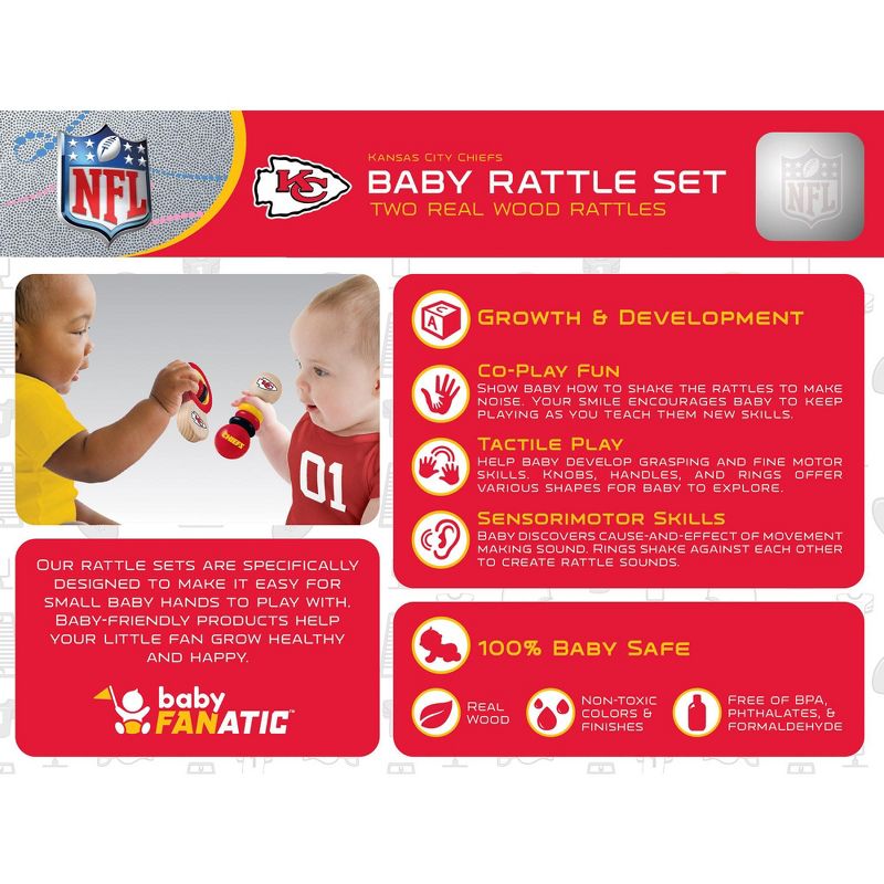 Baby Fanatic Wood Rattle 2 Pack - NFL Kansas City Chiefs Baby Toy Set, 3 of 5