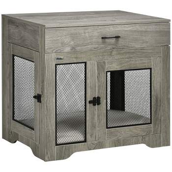 PawHut Dog Crate Furniture with Soft Water-Resistant Cushion, Dog Crate End Table with Drawer, Puppy Crate for Small Dogs Indoor with 2 Doors