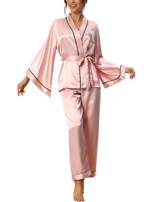 cheibear Women's Silky Satin Bell Sleeve Sleepwear Robe with Pants Pajama  Sets Pink X-Large