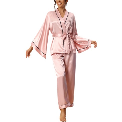 cheibear Women's Silky Satin Bell Sleeve Sleepwear Robe with Pants Pajama  Sets Pink X-Large