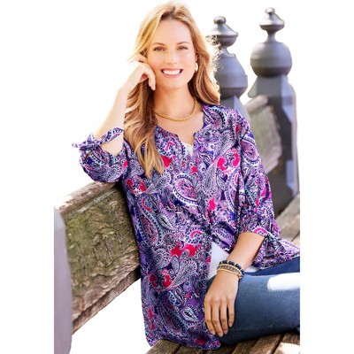Catherines Women's Plus Size Petite Georgette Buttonfront Tie Sleeve Cafe Blouse