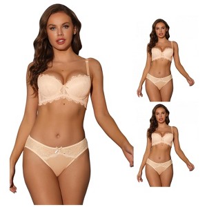 INSPIRE CHIC Women's Underwire Breathable Lace Push-Up Bra and Underwear Sets 3 Packs - 1 of 4