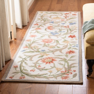 Ivory Floral Hand-Hooked Wool Runner Rug, 2'6" x 18'