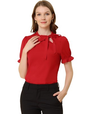INSPIRE CHIC Women's Bow Tie Neck Solid Color Elastic Cuffs Elegant Office Short Sleeve Blouse
