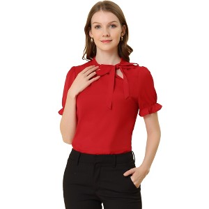 INSPIRE CHIC Women's Bow Tie Neck Solid Color Elastic Cuffs Elegant Office Short Sleeve Blouse - 1 of 4