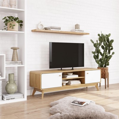 Leva Oak and White Mid-Century Modern TV Stand with Cabinet