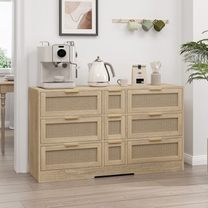 KTMBDW 9 Drawer Double Dresser for Bedroom, Rattan Chest of Dressers, Modern Wooden Dresser Chest with Golden Handles for Living Room, Hallway - 1 of 4