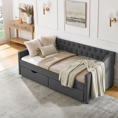NicBex Twin Size Upholstered Tufted Daybed with 2 Drawers and Button Back for Bedroom,Living Room,Apartment,Dark Gray