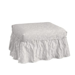 Matelasse Damask Ottoman Slipcover White - Sure Fit: Elastic Loose Fit, Polyester & Cotton Blend - 1 of 3