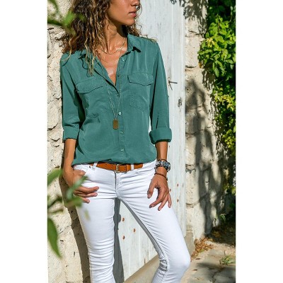 Mocamel Women's Pure Color Lapel Long Sleeve Loose Fit Cotton Shirt for Elegant Office Wear