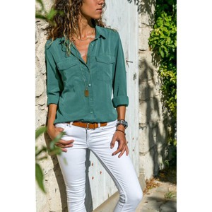 Mocamel Women's Pure Color Lapel Long Sleeve Loose Fit Cotton Shirt for Elegant Office Wear - 1 of 4