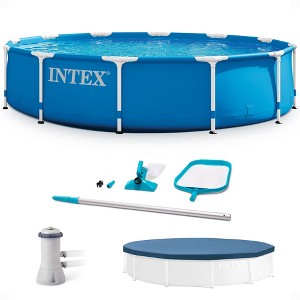 INTEX 12 x 2.5 Foot Metal Frame Above Ground Swimming Pool, Type A Filter, Protective Cover, and Complete Maintenance Kit with Vacuum Skimmer and Pole - 1 of 4